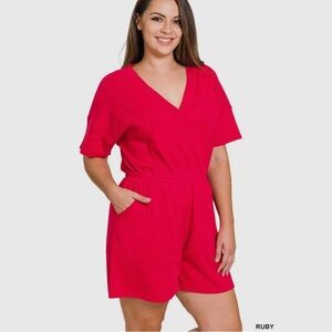 Ruby Red Plus Size Drop Shoulder V-Neck Romper with Pockets
